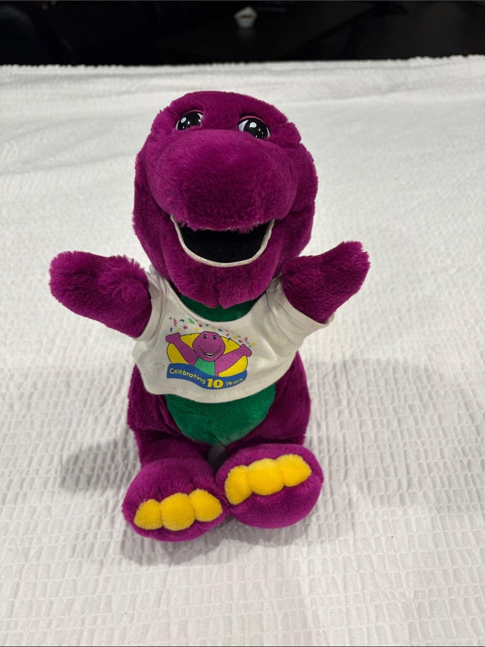 Barney Vintage Plush Dinosaur with 10th Anniversary Tee 
13” tall